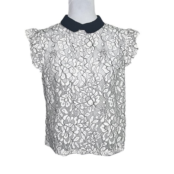 Forever 21 Tops - Forever 21 White Floral Lace See Thru Sleeveless Top with Black Collar Size L